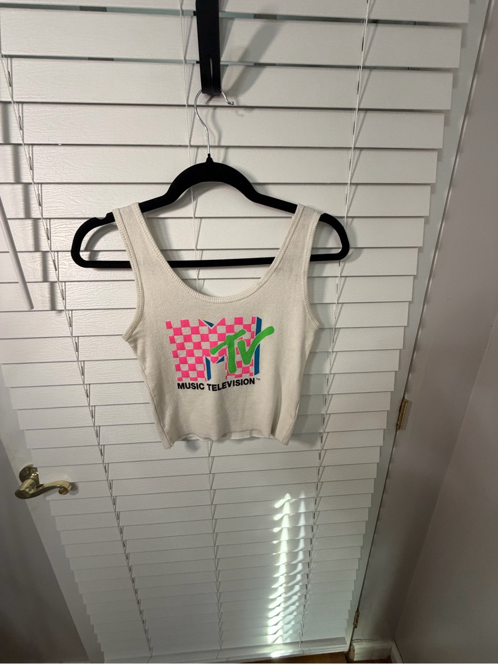 MTV White Tank Top with Pink Checkerboard & Green Logo